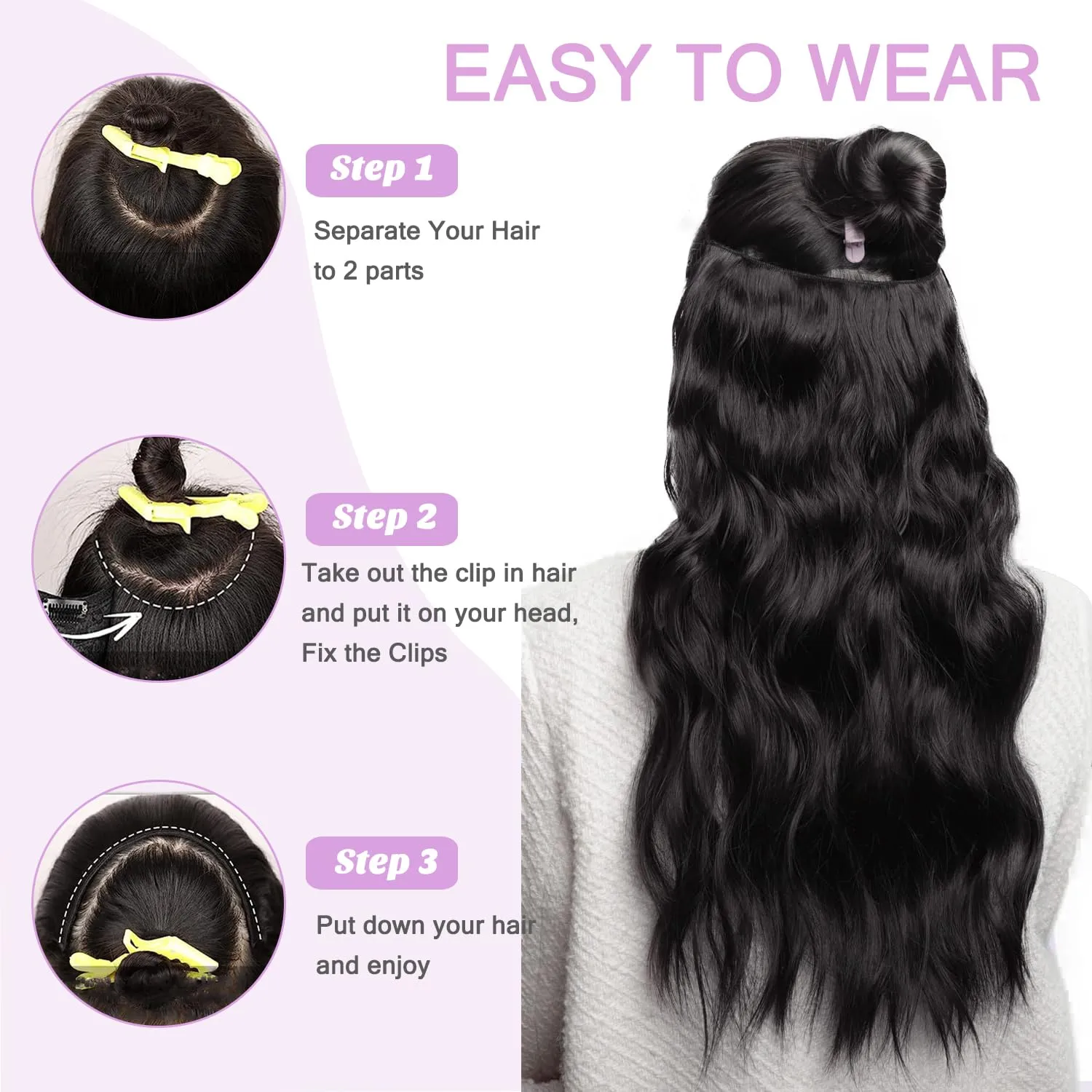 20 Inch Curly Wave Clip in Hair Extensions Human Hair Seamless Double Weft with 5 Secure Clips Remy Human Hair 100G Jet Black Invisible Clip on Hair Extensions One Piece Hairpieces for Women