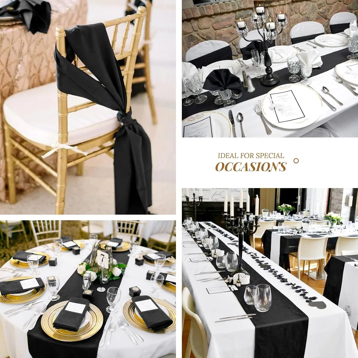 24 Pack Black Satin Table Runners 12 x 72 Inch Long Bright Silk Smooth Fabric Gold Table Runners for Party Wedding Reception Birthday Banquet Decoration