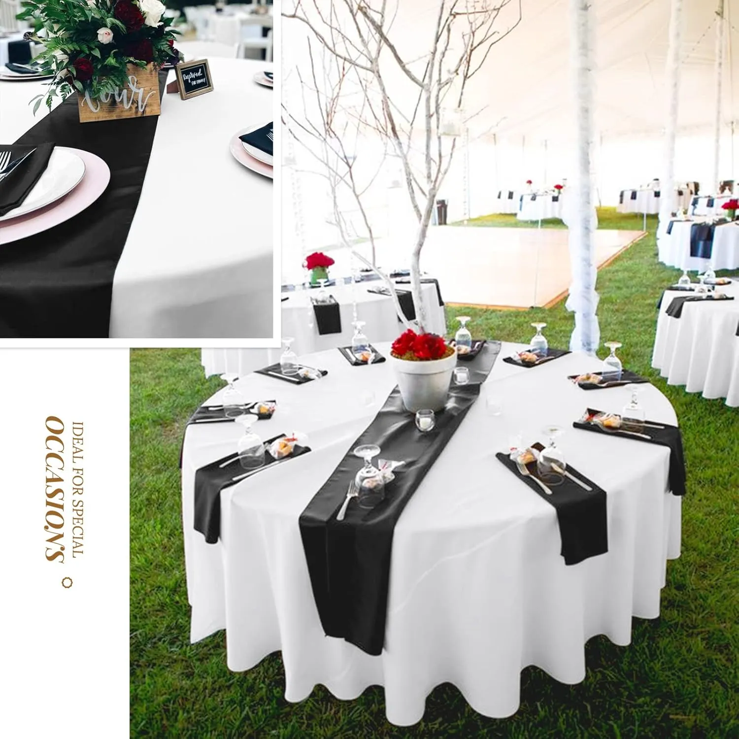 24 Pack Black Satin Table Runners 12 x 72 Inch Long Bright Silk Smooth Fabric Gold Table Runners for Party Wedding Reception Birthday Banquet Decoration