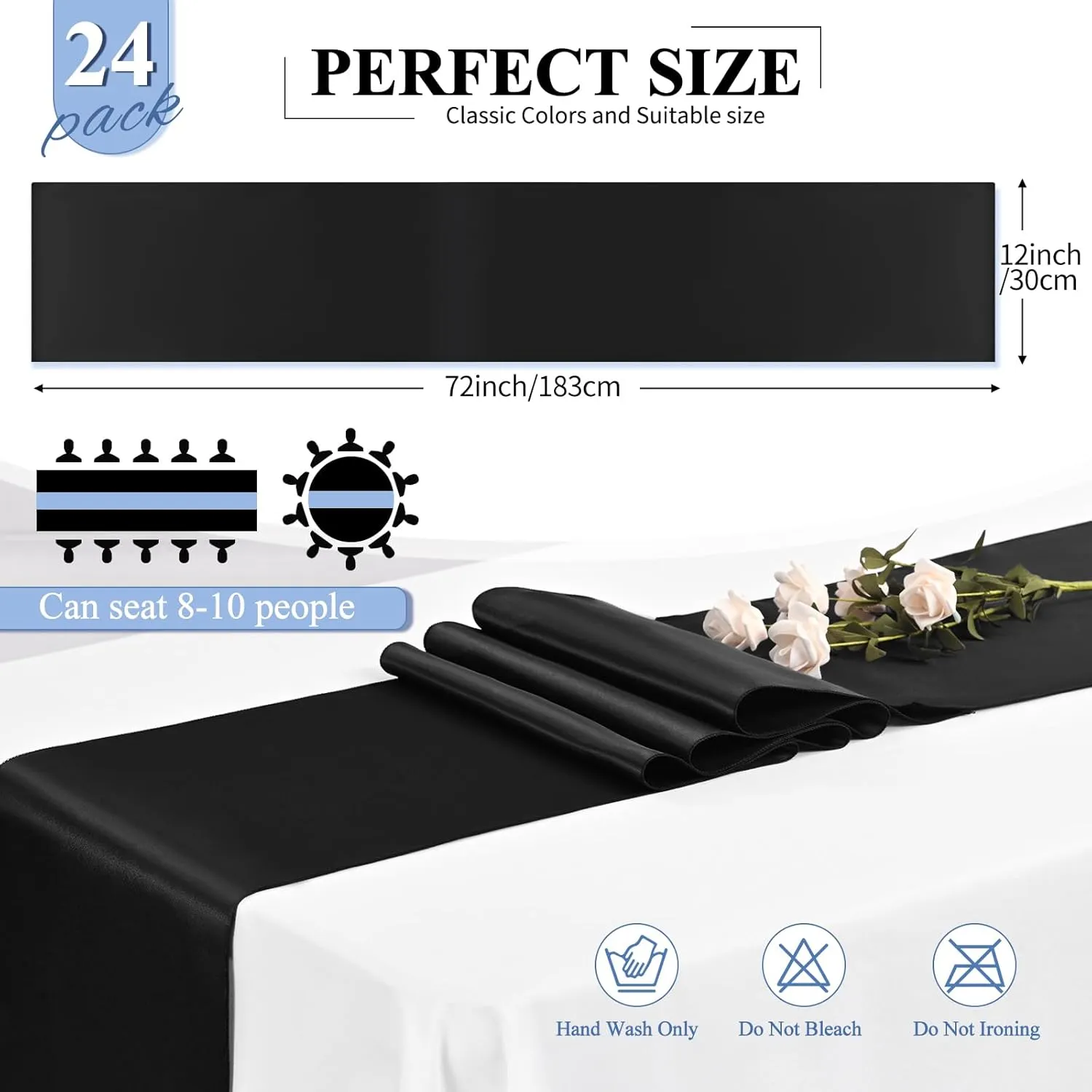 24 Pack Black Satin Table Runners 12 x 72 Inch Long Bright Silk Smooth Fabric Gold Table Runners for Party Wedding Reception Birthday Banquet Decoration