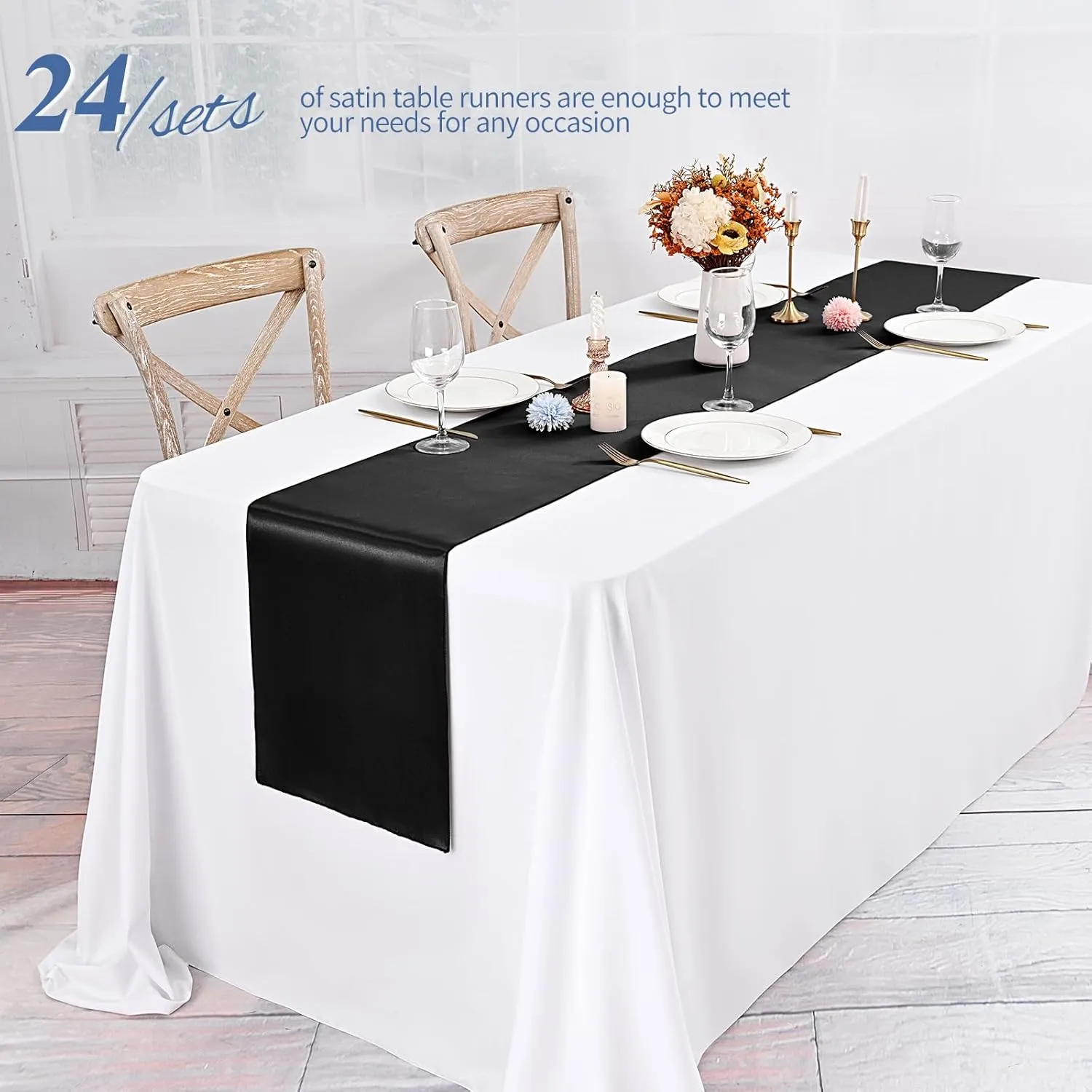 24 Pack Black Satin Table Runners 12 x 72 Inch Long Bright Silk Smooth Fabric Gold Table Runners for Party Wedding Reception Birthday Banquet Decoration