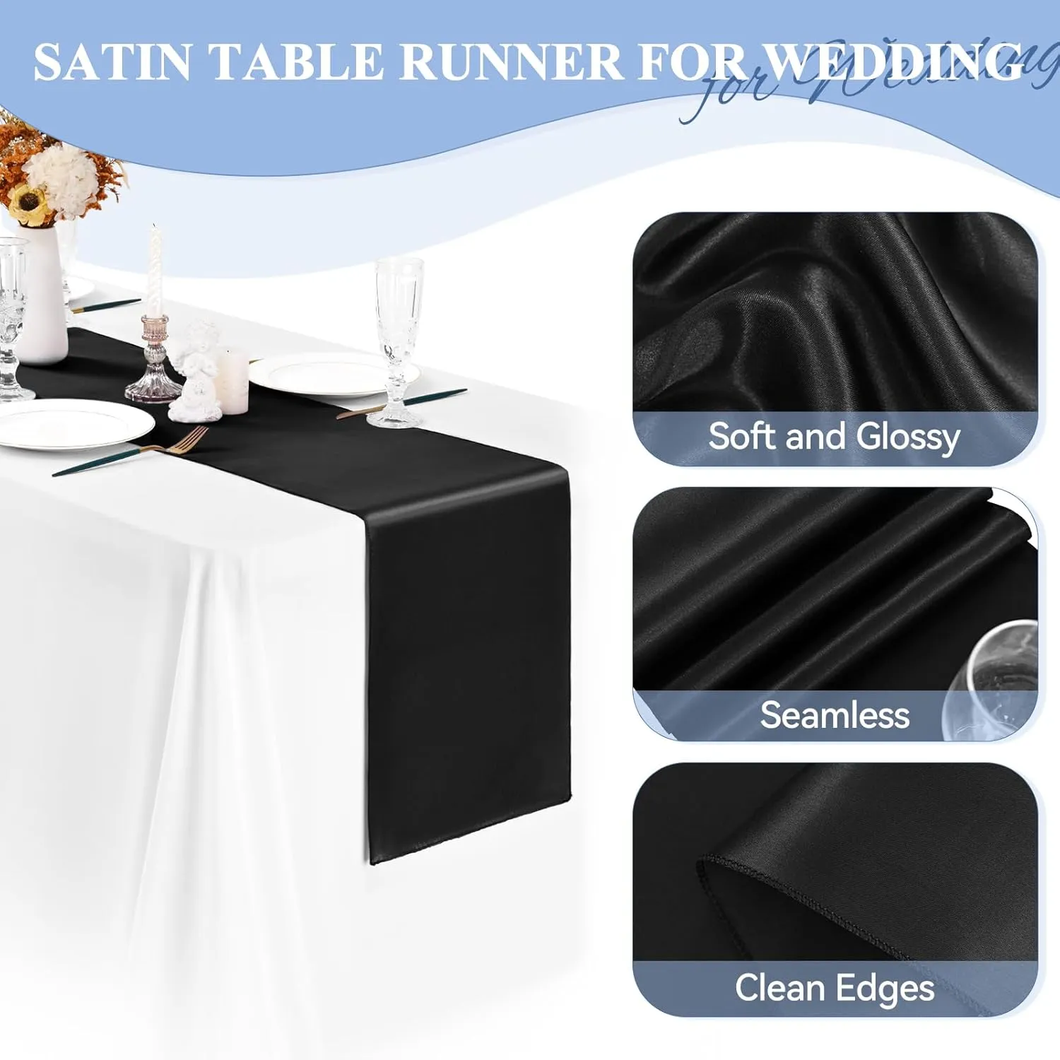 24 Pack Black Satin Table Runners 12 x 72 Inch Long Bright Silk Smooth Fabric Gold Table Runners for Party Wedding Reception Birthday Banquet Decoration