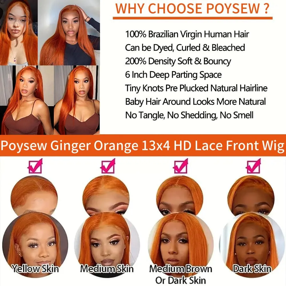 26inch Ginger lace front wigs human hair 13x4 Straight Ginger Orange Lace Front Wigs Human Hair HD Transparent Lace Frontal 350 Colored Human Hair Wig Pre Plucked With Baby Hair 180% Density