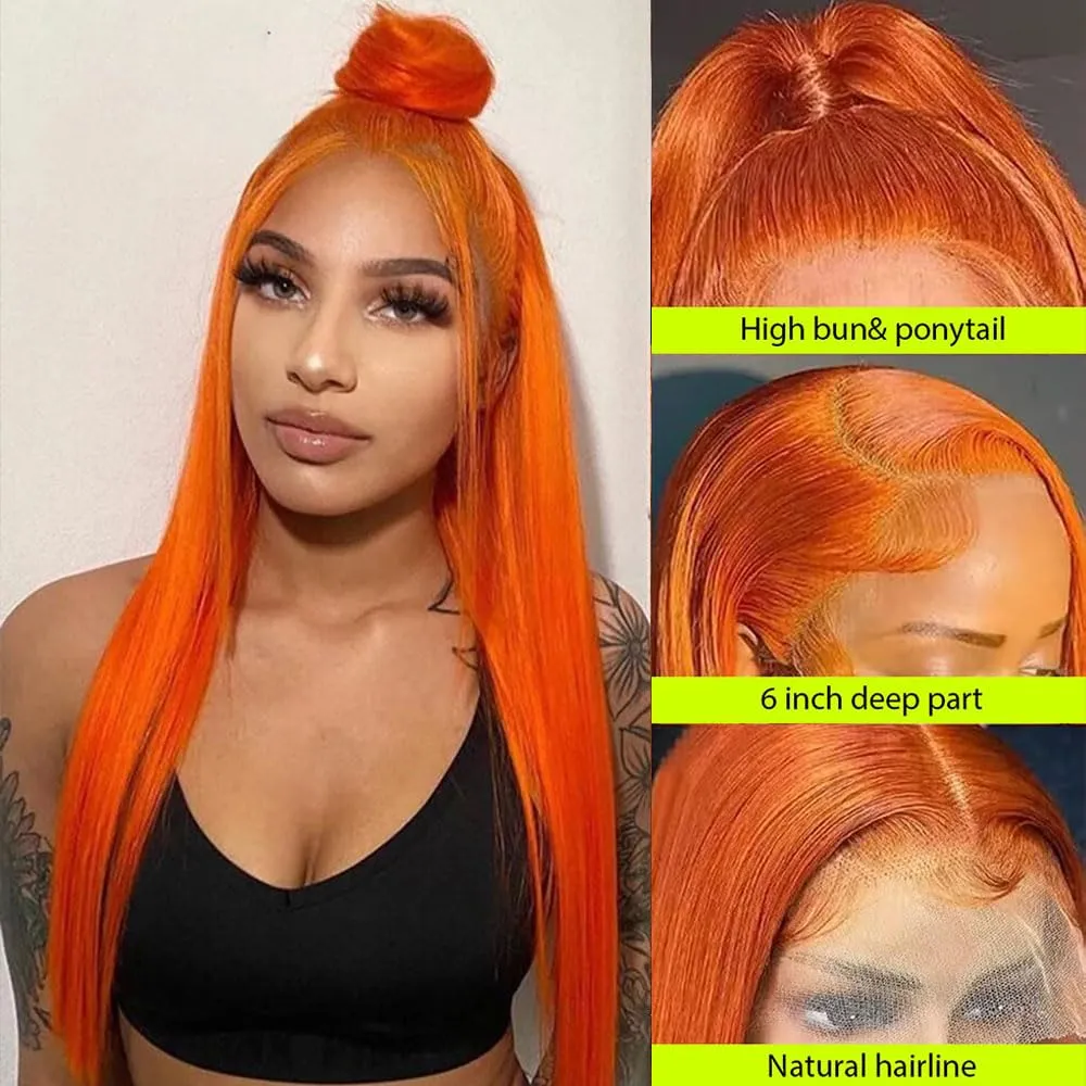 26inch Ginger lace front wigs human hair 13x4 Straight Ginger Orange Lace Front Wigs Human Hair HD Transparent Lace Frontal 350 Colored Human Hair Wig Pre Plucked With Baby Hair 180% Density