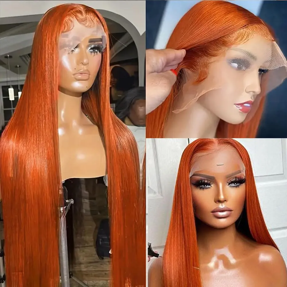 26inch Ginger lace front wigs human hair 13x4 Straight Ginger Orange Lace Front Wigs Human Hair HD Transparent Lace Frontal 350 Colored Human Hair Wig Pre Plucked With Baby Hair 180% Density