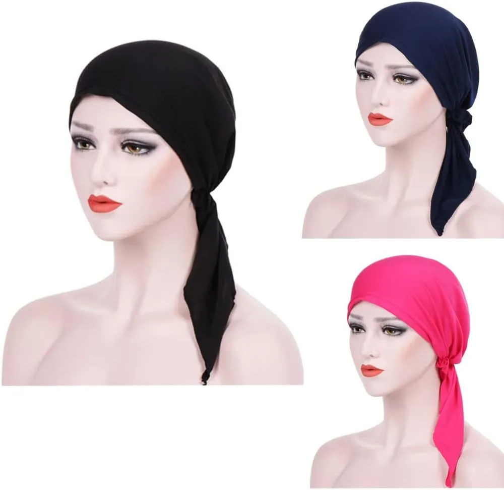 3 Packed Women's Pre Tied Head Scarves Slip On Chemo Beanies Hair Cover Headwrap Caps