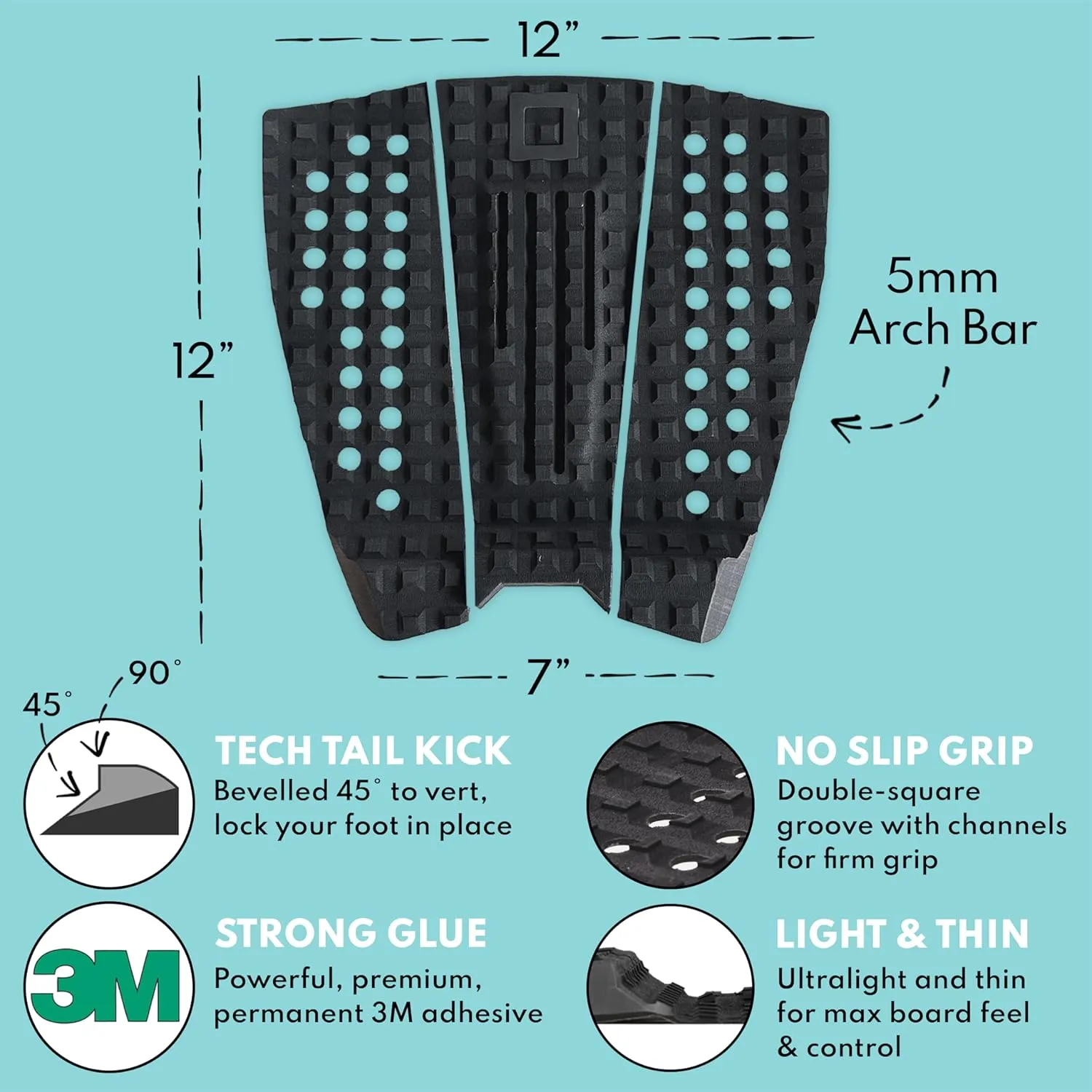 3-Piece Traction Pad - Arch, Flat, or Front - Maximum Grip, Super Strong 3M Adhesive - Fits All Surfboards: Shortboard, Fish, Longboard, SUP, Skimboard - Stomp or Deck Pad