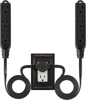 3 Prong Twin Power Strip, 12Ft Ultra Thin Flat Extension Cord with Flat Head Plug, 6Ft on Each Side, 6 Outlets, Double Extension Cord Splitter, Indoor Use, ETL Listed, Black