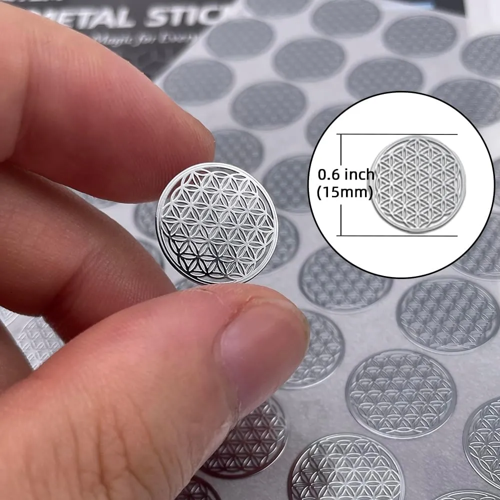 70pcs / Bag Flower of Life Gold Plated Thin Metal Sticker for Stone Crystal, Adhesive Pyramid Sacred Geometry Metal Energy Decor Sticker, Meditation Decor (15mm Diameter, Silver)