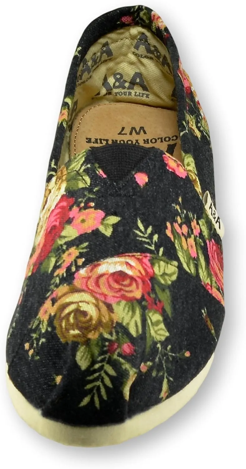 A&A Vegan Women's Floral Black Slip-on Casual Flats Canvas Shoes Alpargatas (Romantic)