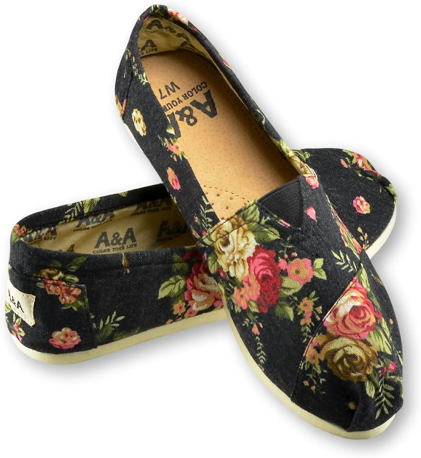 A&A Vegan Women's Floral Black Slip-on Casual Flats Canvas Shoes Alpargatas (Romantic)
