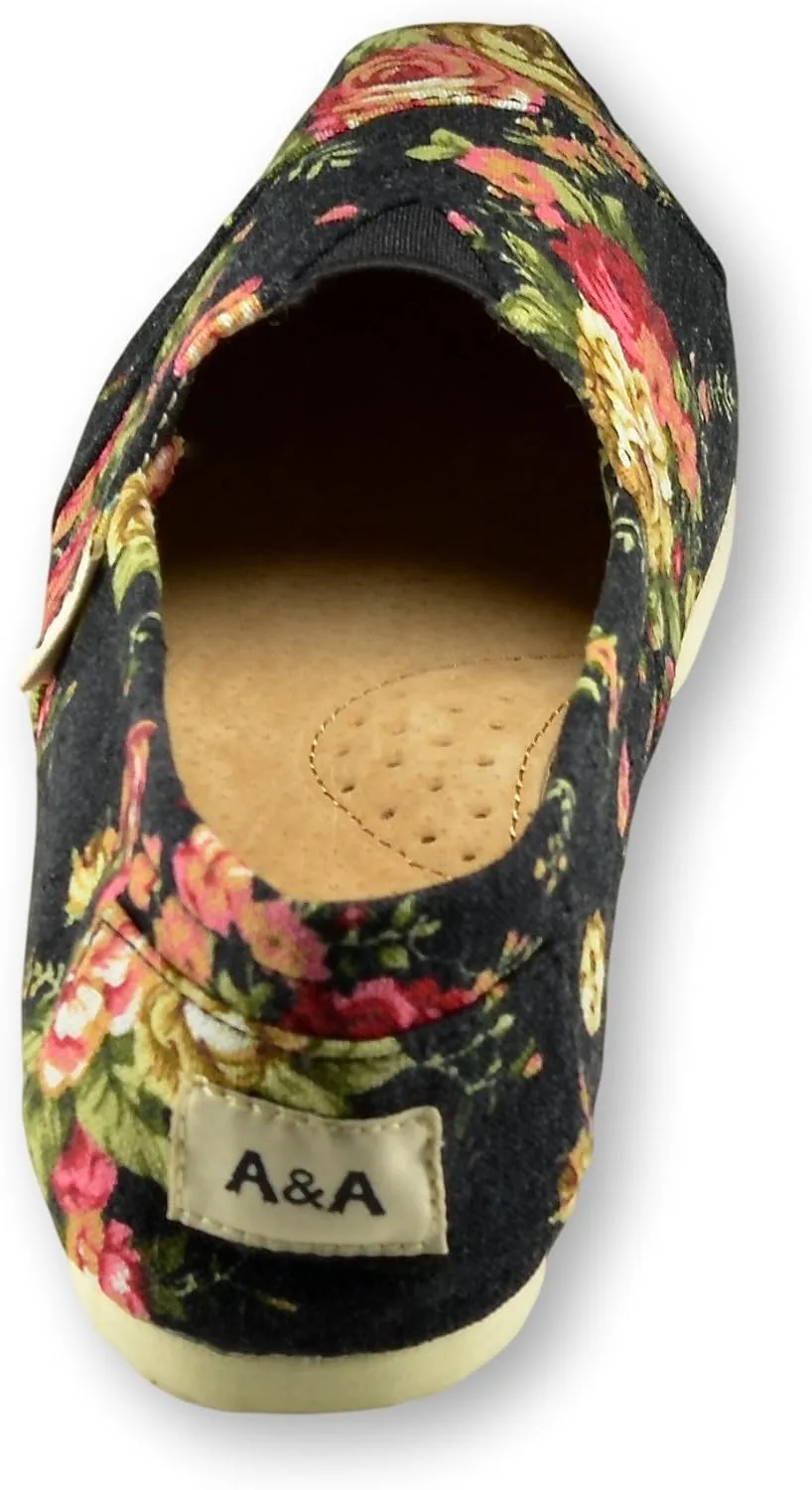 A&A Vegan Women's Floral Black Slip-on Casual Flats Canvas Shoes Alpargatas (Romantic)