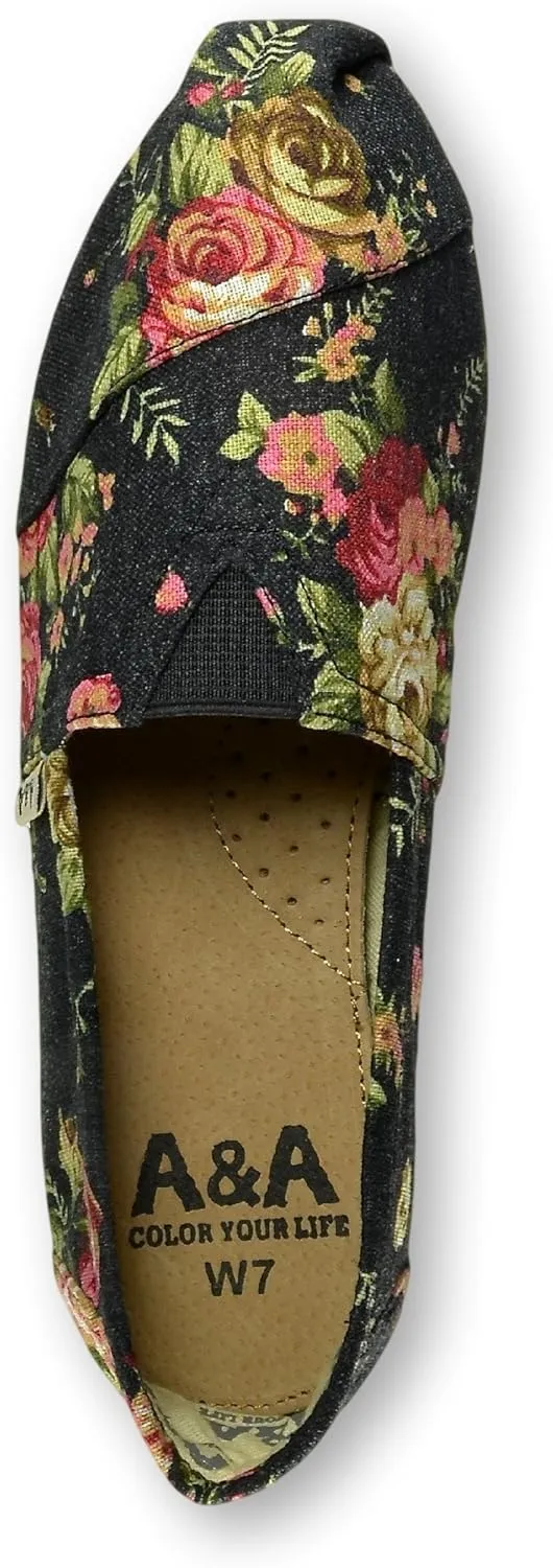 A&A Vegan Women's Floral Black Slip-on Casual Flats Canvas Shoes Alpargatas (Romantic)
