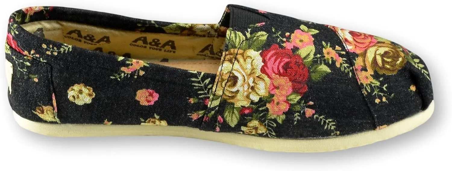 A&A Vegan Women's Floral Black Slip-on Casual Flats Canvas Shoes Alpargatas (Romantic)