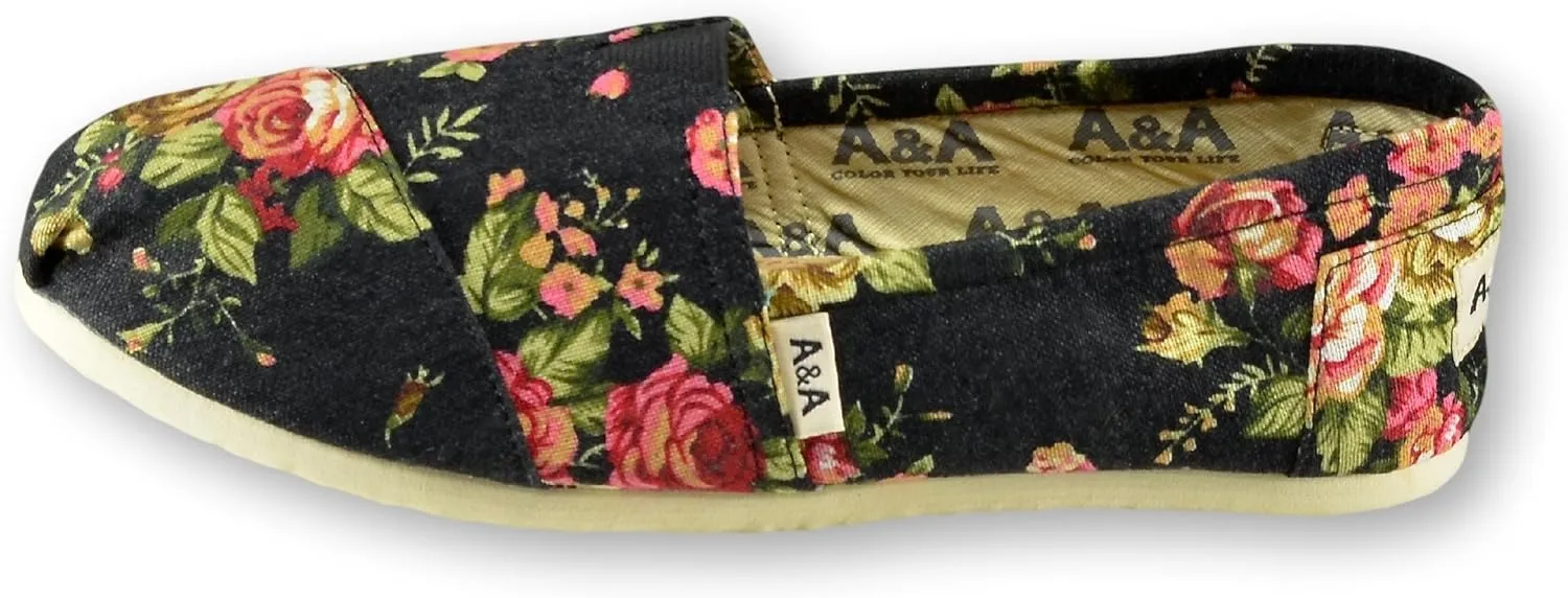A&A Vegan Women's Floral Black Slip-on Casual Flats Canvas Shoes Alpargatas (Romantic)