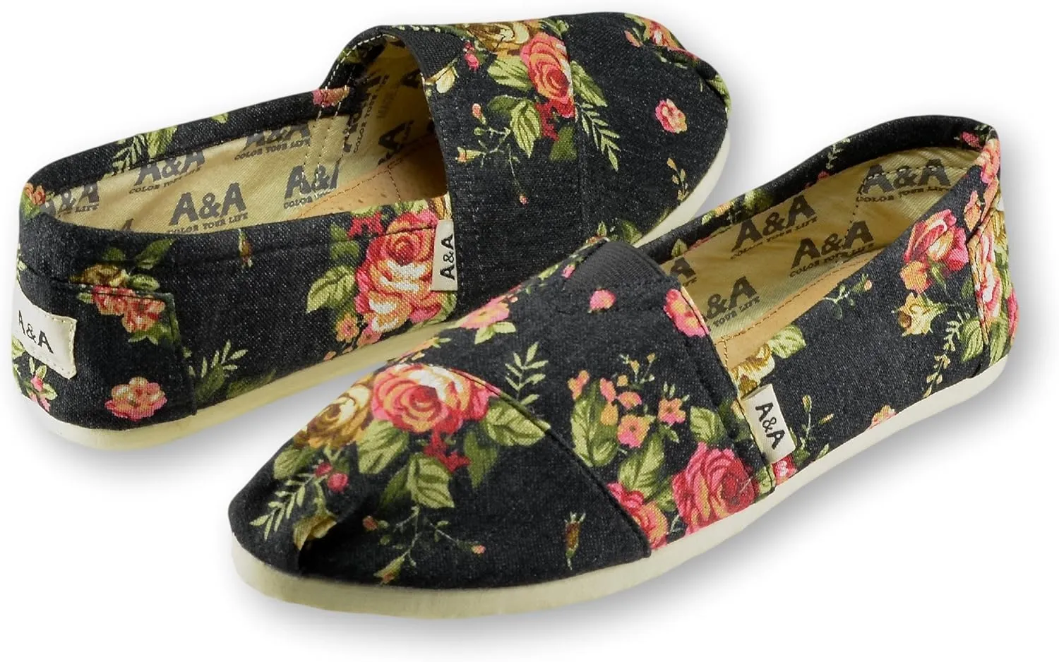 A&A Vegan Women's Floral Black Slip-on Casual Flats Canvas Shoes Alpargatas (Romantic)