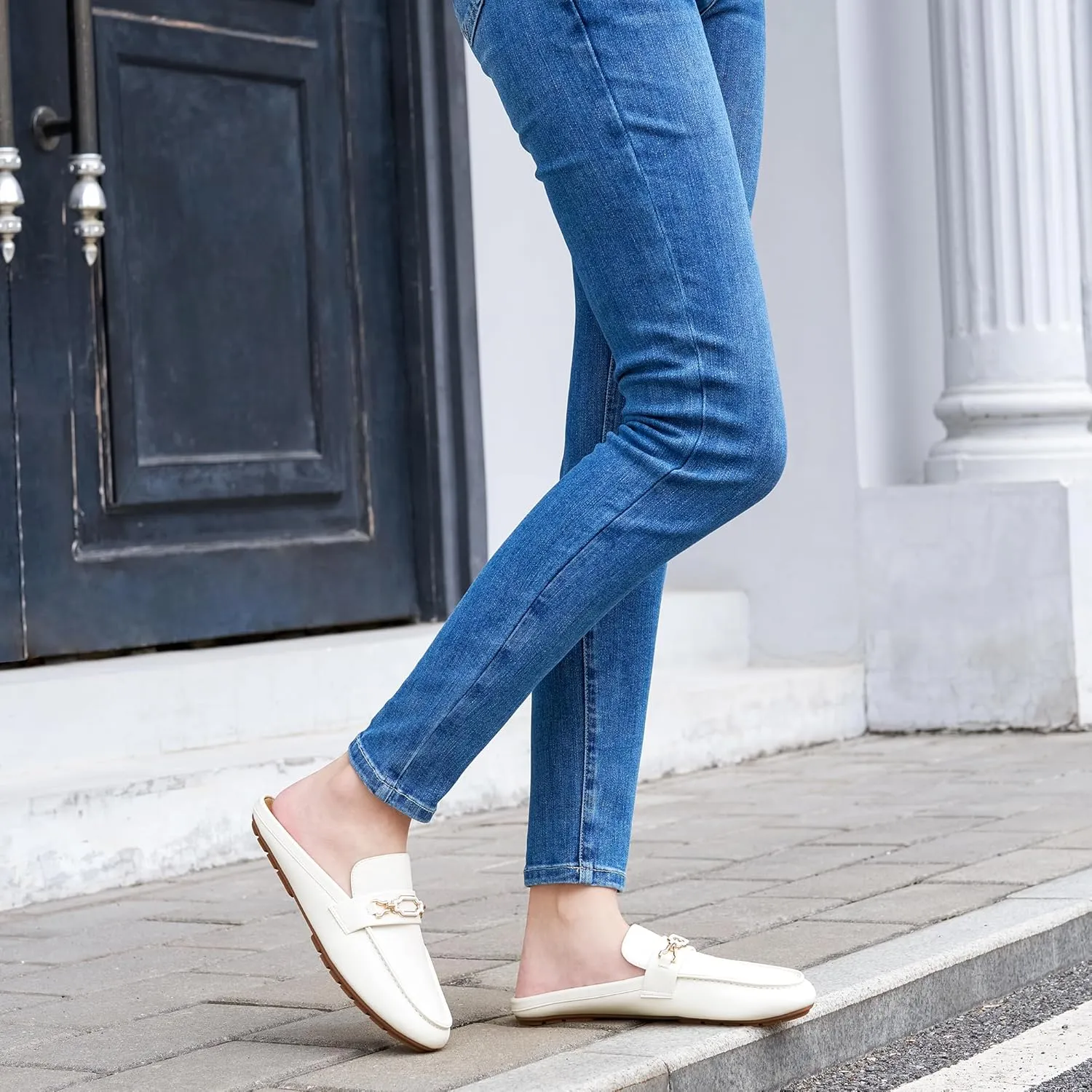 Ablanczoom Mules for Women Flat Shoes: Comfortable Slip on Flats for Womens Mule Metal Chain Backless Loafers Business Casual Shoe
