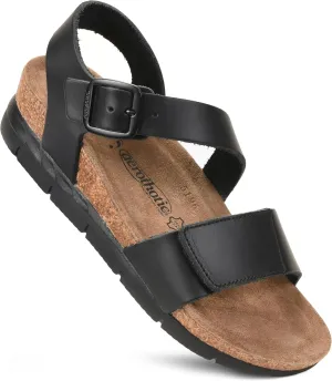 AEROTHOTIC Leather Platform Sandals with Arch Support Comfy Strap with Adjustable Buckle Slingback Open Toe Walking Indoor Outdoor Wedge Sandals for Women