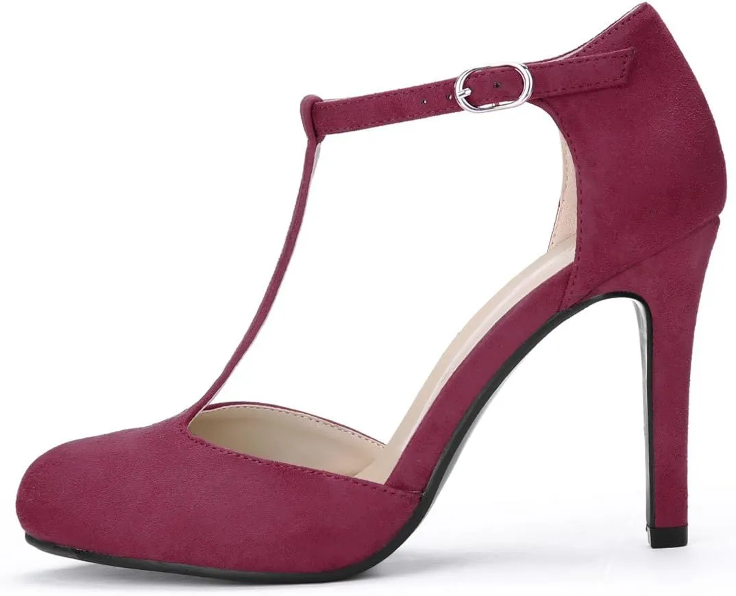 Allegra K Women's Rounded Toe Stiletto Heel T-Strap Dress Pumps