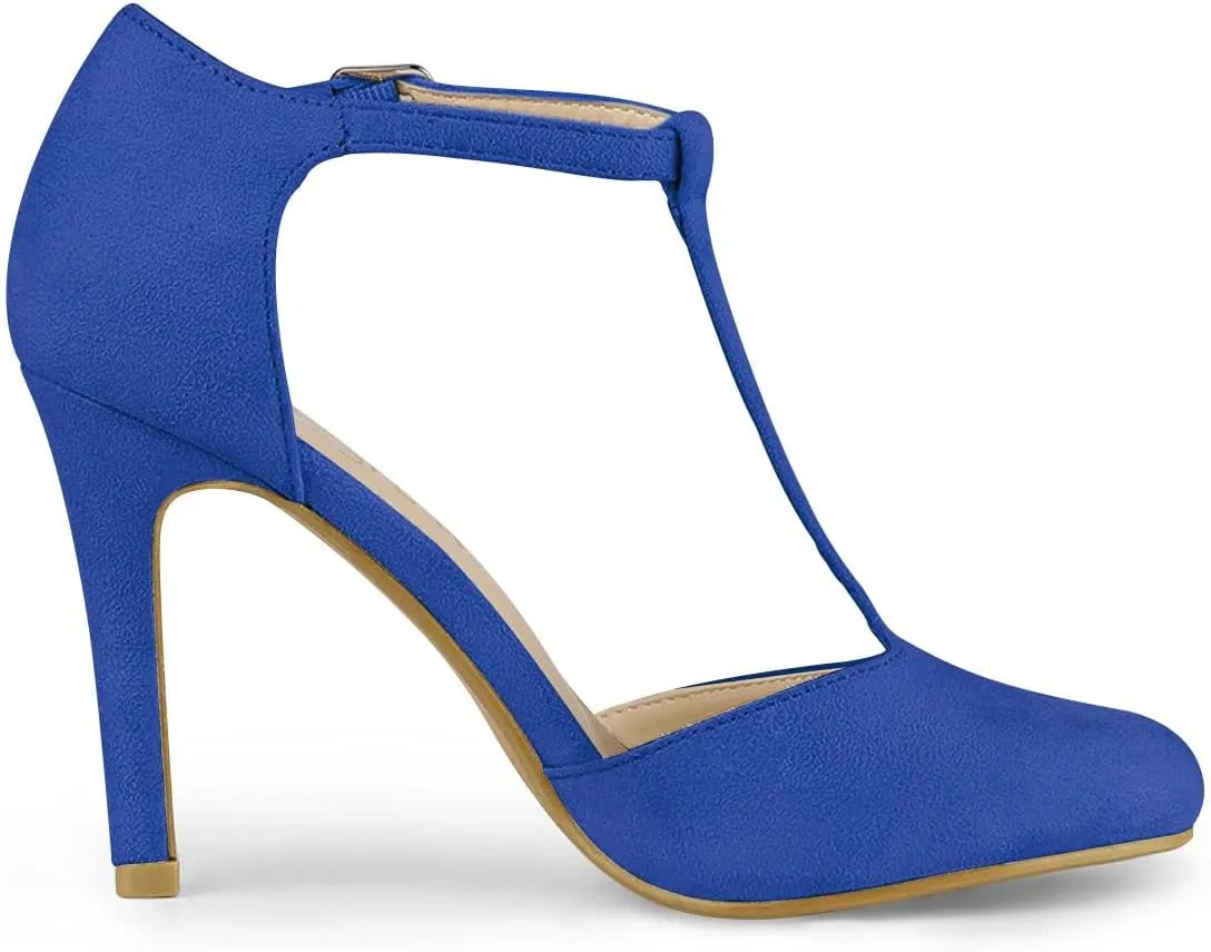 Allegra K Women's Rounded Toe Stiletto Heel T-Strap Dress Pumps