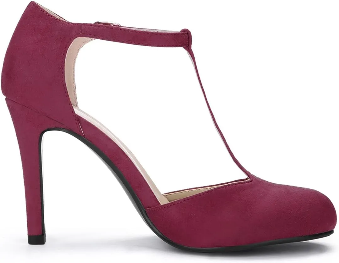 Allegra K Women's Rounded Toe Stiletto Heel T-Strap Dress Pumps