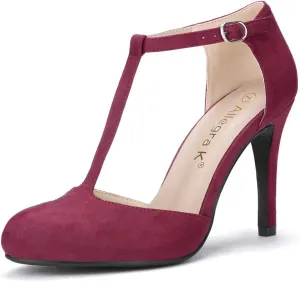 Allegra K Women's Rounded Toe Stiletto Heel T-Strap Dress Pumps