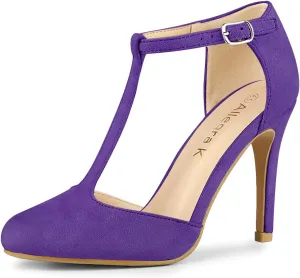 Allegra K Women's Rounded Toe Stiletto Heel T-Strap Dress Purple Pumps 6.5 M US
