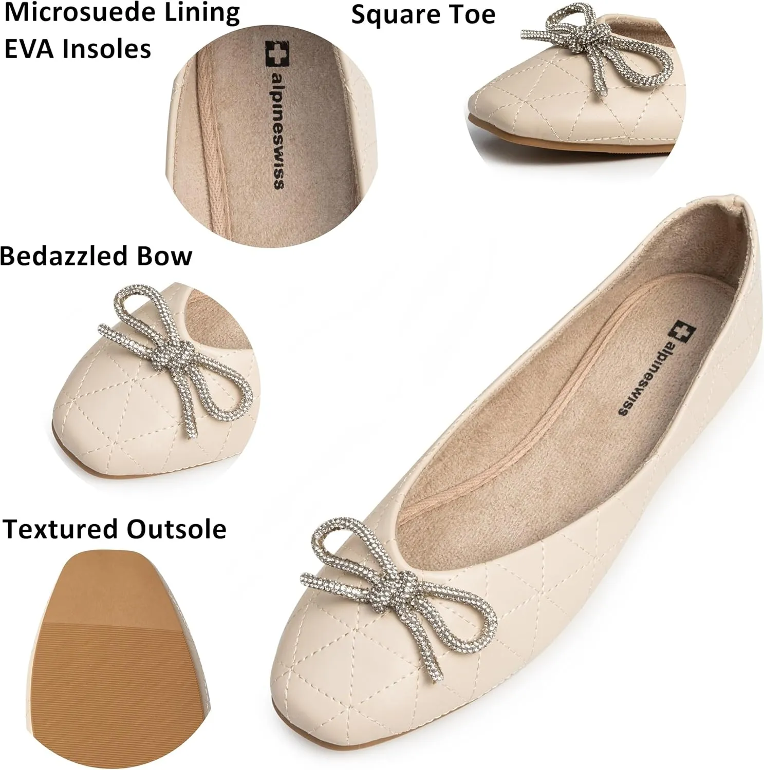Alpine Swiss Myla Womens Ballet Flats Square Toe Rhinestone Bow Dressy Slip On Shoes