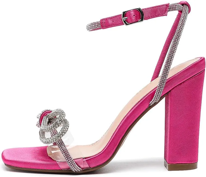 Amoji Women's 4 Inch Rhinestone Bowknots Block Heeled Crystal Sandal Ankle Strap Clear Heels 315