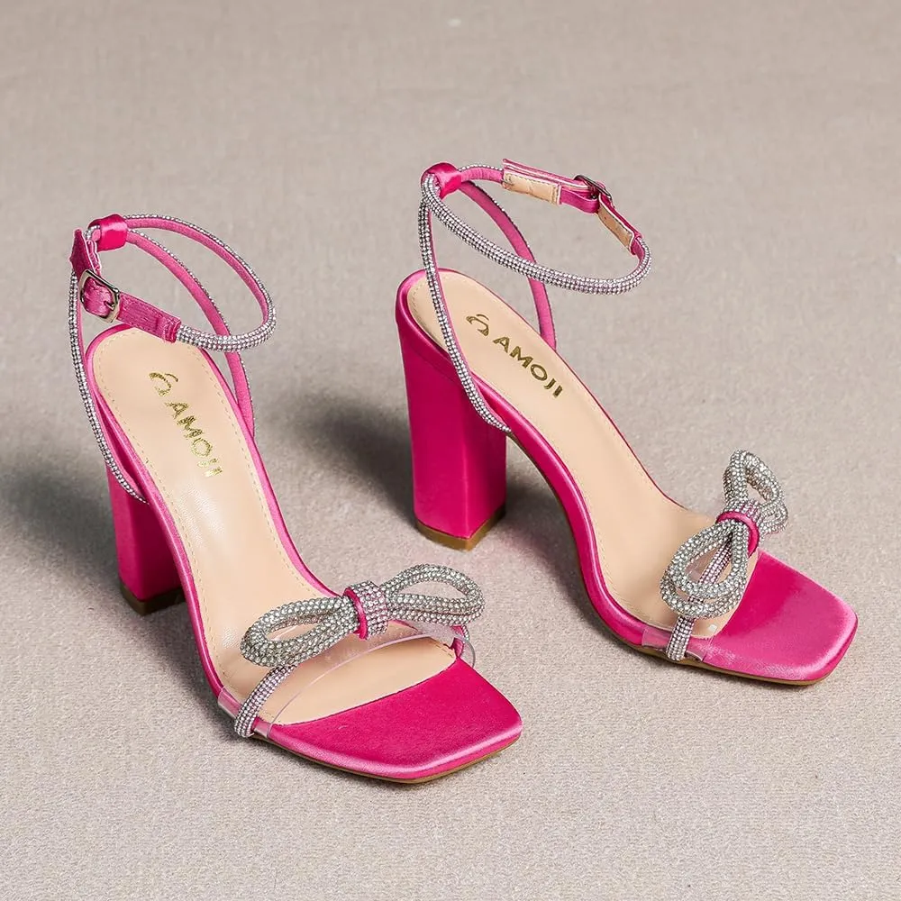Amoji Women's 4 Inch Rhinestone Bowknots Block Heeled Crystal Sandal Ankle Strap Clear Heels 315