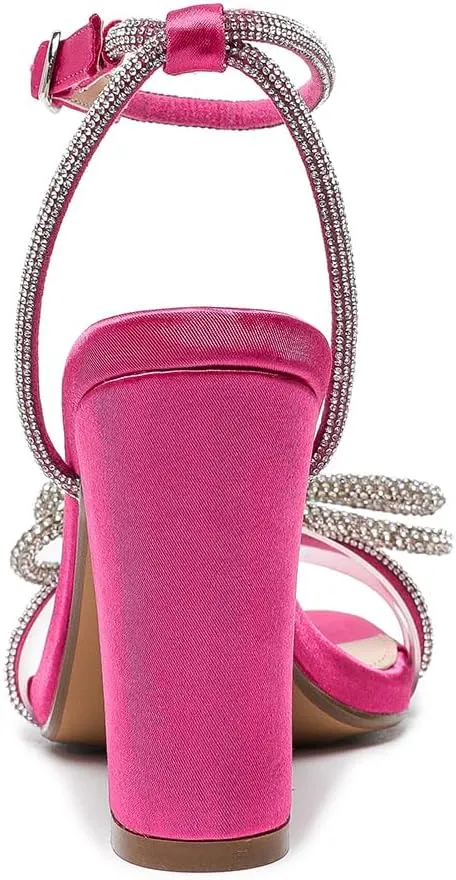 Amoji Women's 4 Inch Rhinestone Bowknots Block Heeled Crystal Sandal Ankle Strap Clear Heels 315