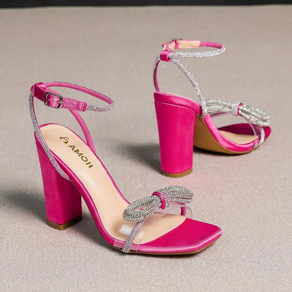 Amoji Women's 4 Inch Rhinestone Bowknots Block Heeled Crystal Sandal Ankle Strap Clear Heels 315