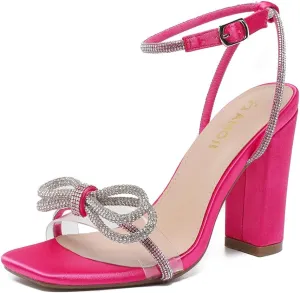 Amoji Women's 4 Inch Rhinestone Bowknots Block Heeled Crystal Sandal Ankle Strap Clear Heels 315