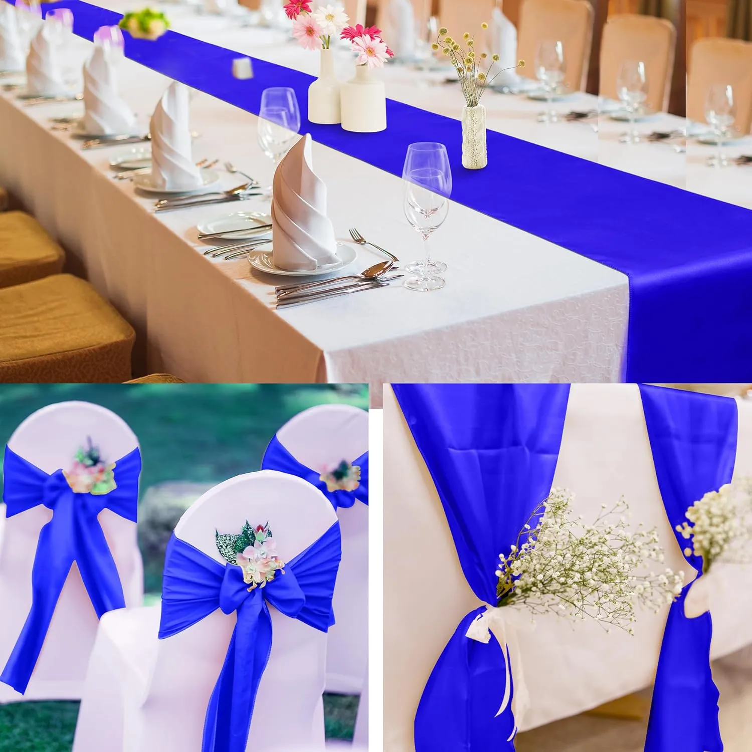 Aneco 12 Pack Satin Table Runner 12 x 108 Inch Dark Blue Long Wedding Satin Silk Table Runner for Wedding Banquet Graduations Birthday Party Decoration