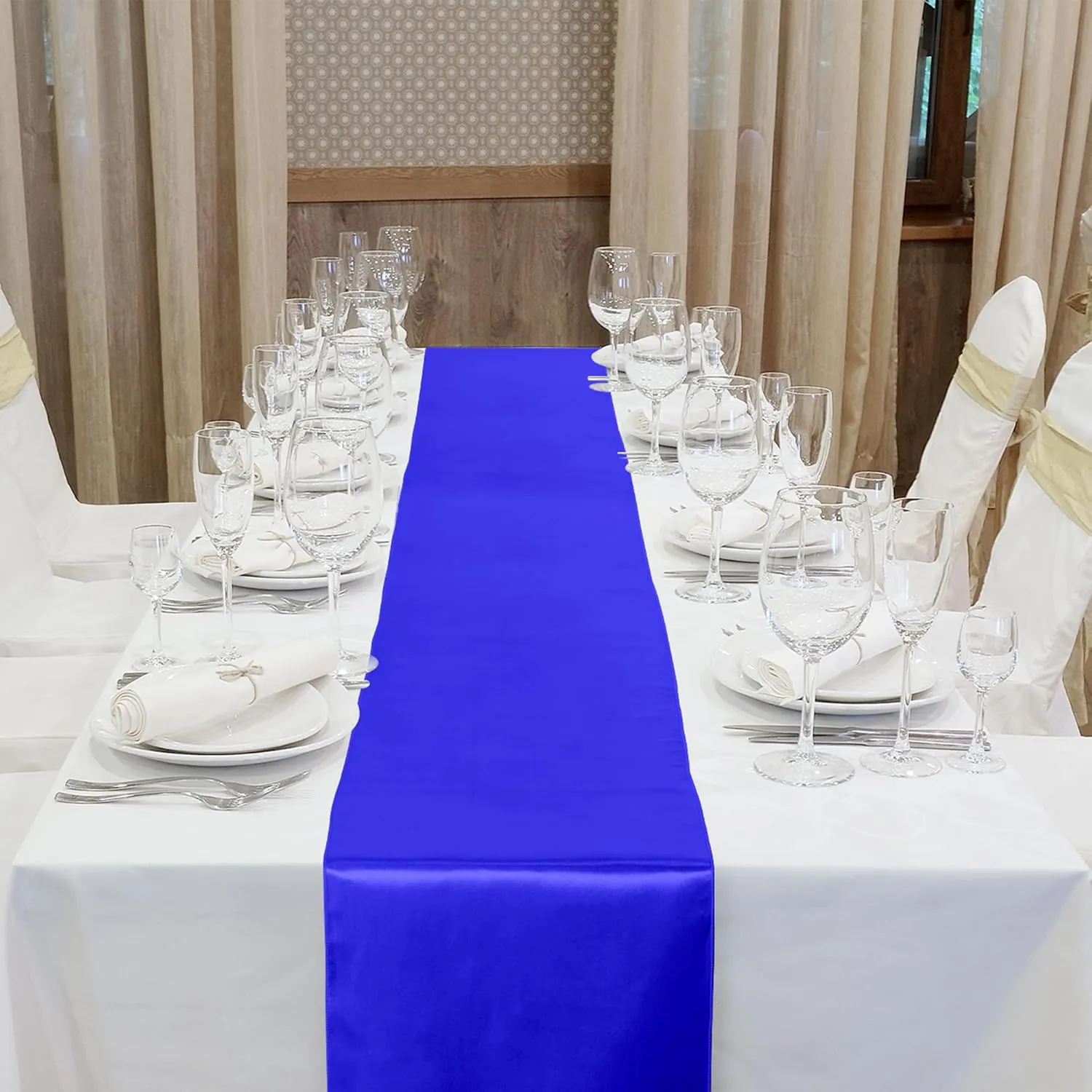 Aneco 12 Pack Satin Table Runner 12 x 108 Inch Dark Blue Long Wedding Satin Silk Table Runner for Wedding Banquet Graduations Birthday Party Decoration