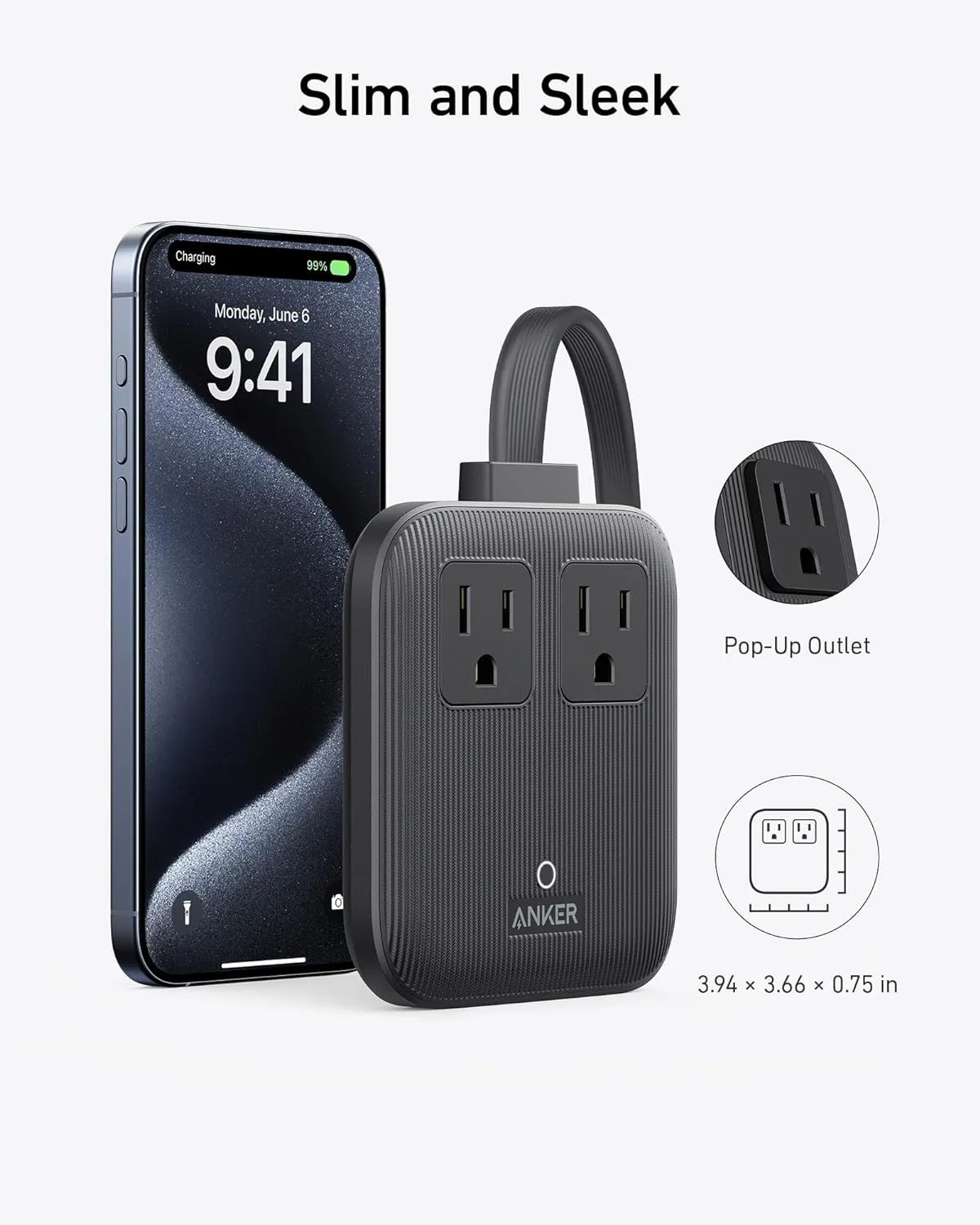Anker Nano Charging Station(67W Max), 6-in-1 USB-C Power Strip for iPhone 16/15 and MacBook, with Flat Plug and 5ft Thin Undetachable Extension Cord,2 AC,2 USB-A,2 USB-C, for Home&Office