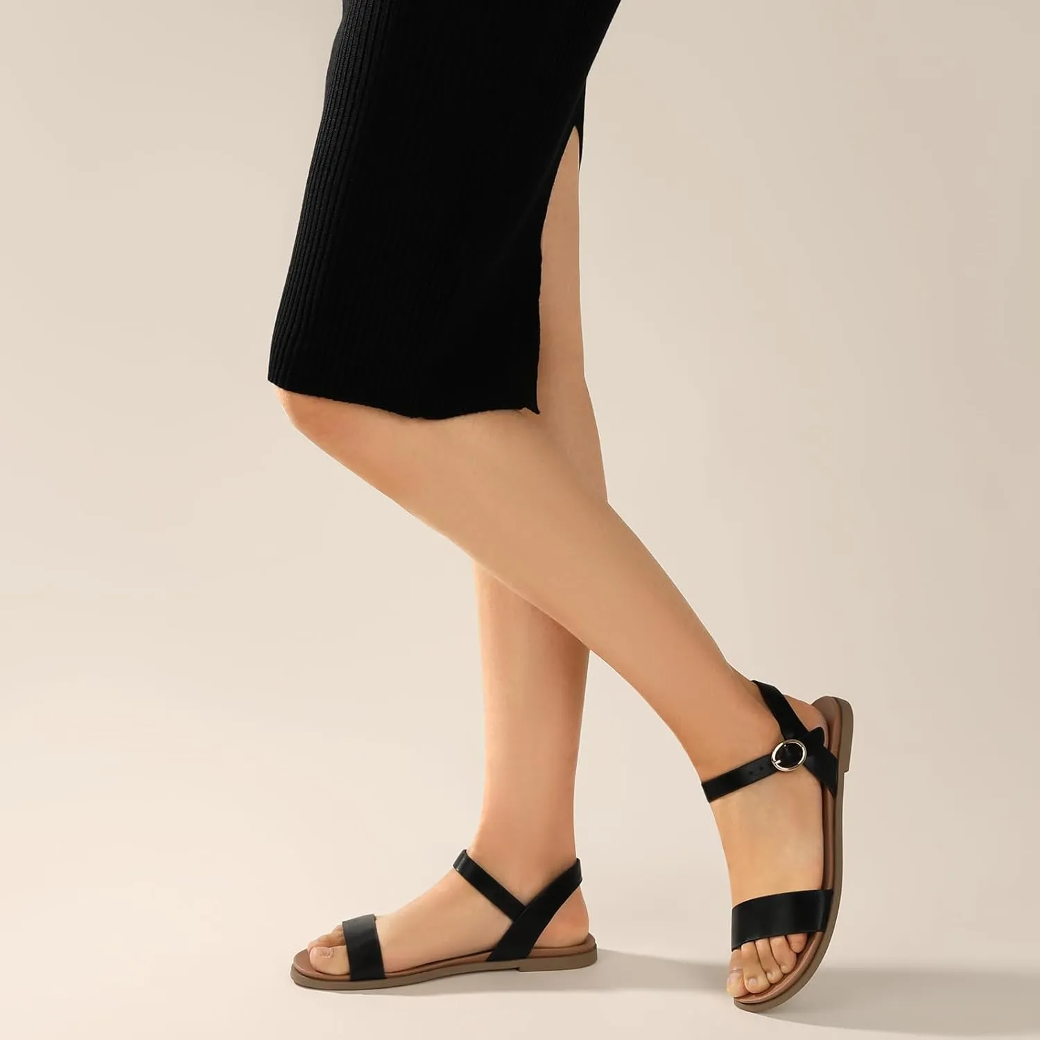 Ankis Flat sandals for Women Open Toe Comfy Women's Flats Tan Black White Sandals for Dressy Work Daily