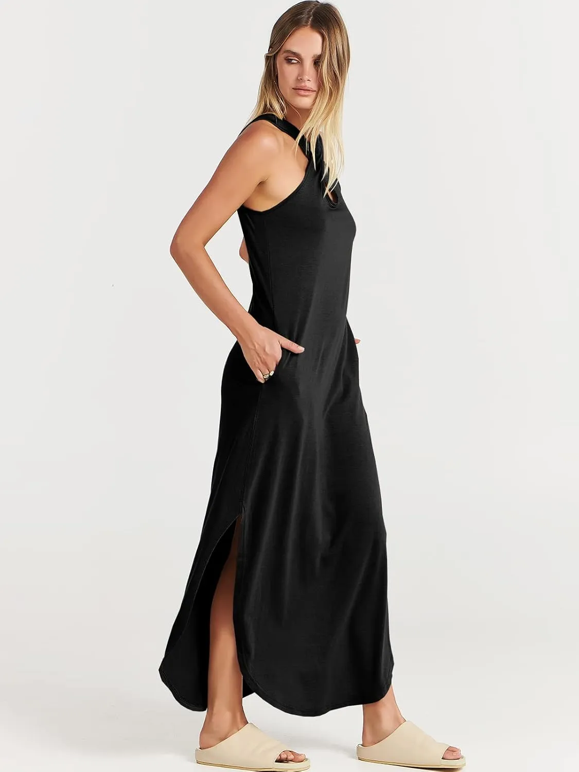 ANRABESS Women’s Casual Summer Maxi Dress Sexy Slit Side Sleeveless Loose Beach Long Sundress Vacation Outfits with Pockets