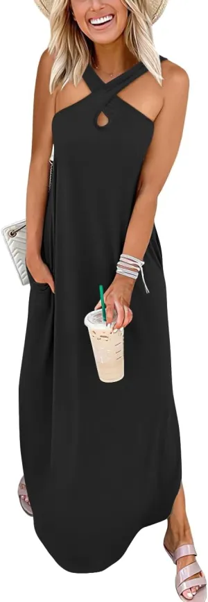 ANRABESS Women’s Casual Summer Maxi Dress Sexy Slit Side Sleeveless Loose Beach Long Sundress Vacation Outfits with Pockets