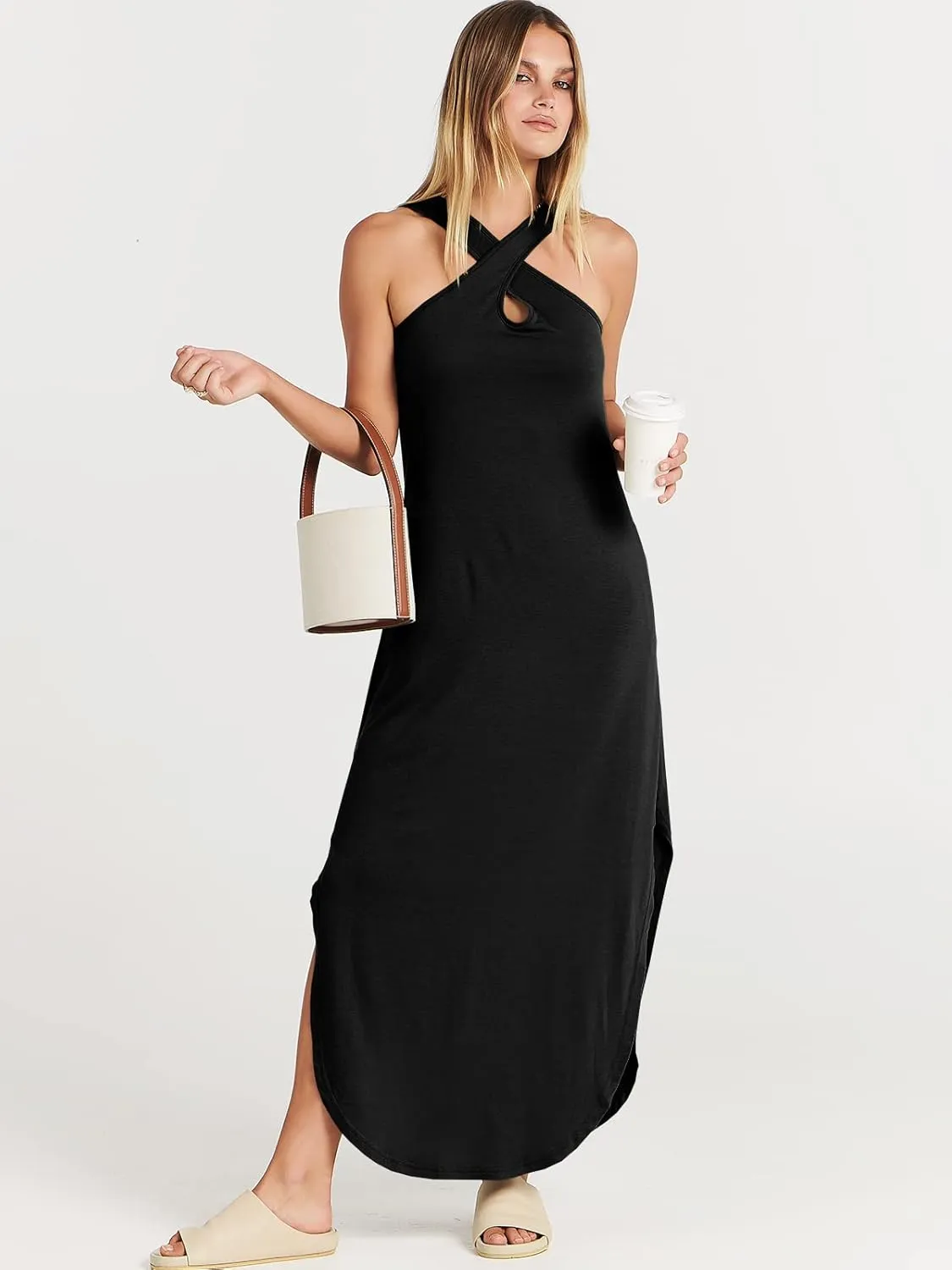 ANRABESS Women’s Casual Summer Maxi Dress Sexy Slit Side Sleeveless Loose Beach Long Sundress Vacation Outfits with Pockets