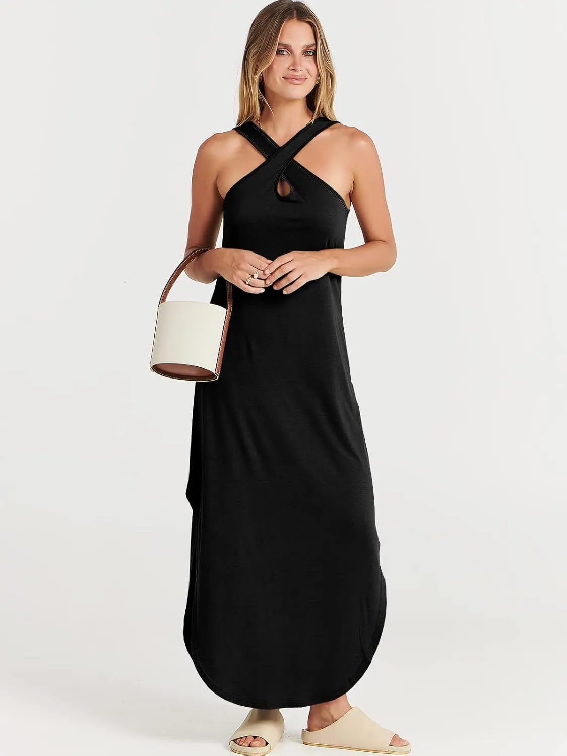 ANRABESS Women’s Casual Summer Maxi Dress Sexy Slit Side Sleeveless Loose Beach Long Sundress Vacation Outfits with Pockets
