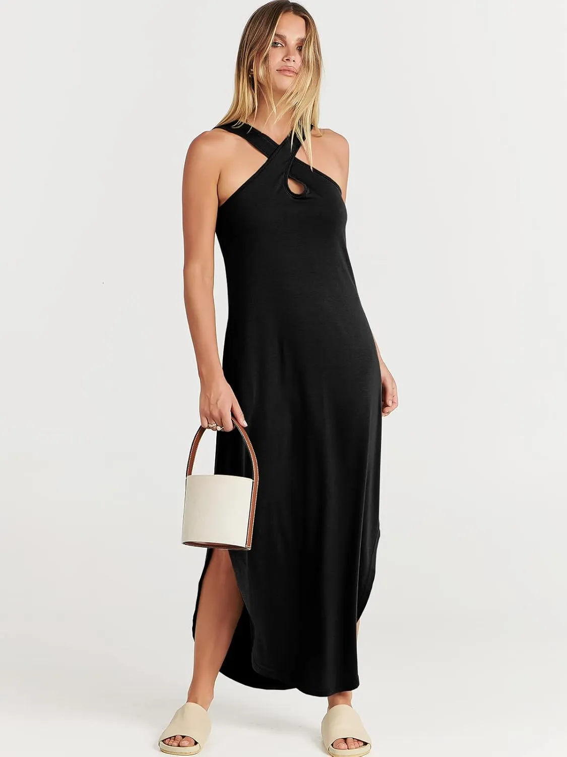 ANRABESS Women’s Casual Summer Maxi Dress Sexy Slit Side Sleeveless Loose Beach Long Sundress Vacation Outfits with Pockets