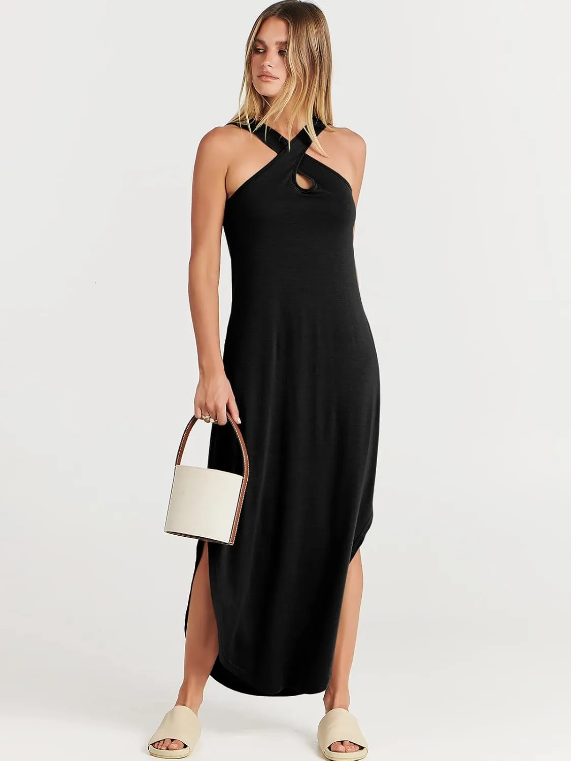 ANRABESS Women’s Casual Summer Maxi Dress Sexy Slit Side Sleeveless Loose Beach Long Sundress Vacation Outfits with Pockets
