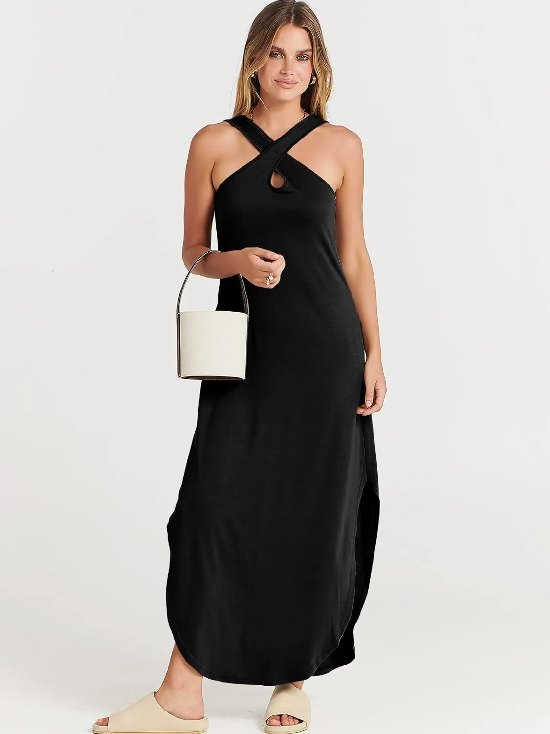 ANRABESS Women’s Casual Summer Maxi Dress Sexy Slit Side Sleeveless Loose Beach Long Sundress Vacation Outfits with Pockets