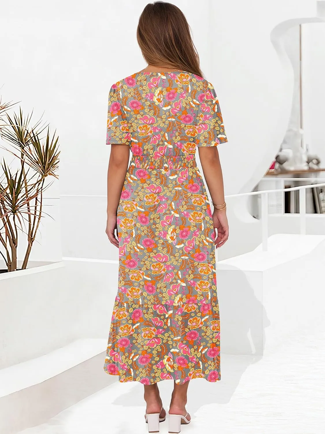 ANRABESS Women's Summer Short Sleeve Maxi Dress 2025 Casual V Neck High Waist A-Line Flowy Loose Tiered Boho Long Dresses