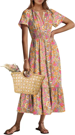 ANRABESS Women's Summer Short Sleeve Maxi Dress 2025 Casual V Neck High Waist A-Line Flowy Loose Tiered Boho Long Dresses