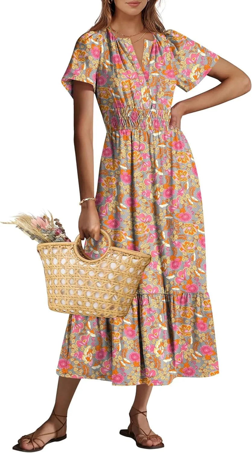 ANRABESS Women's Summer Short Sleeve Maxi Dress 2025 Casual V Neck High Waist A-Line Flowy Loose Tiered Boho Long Dresses