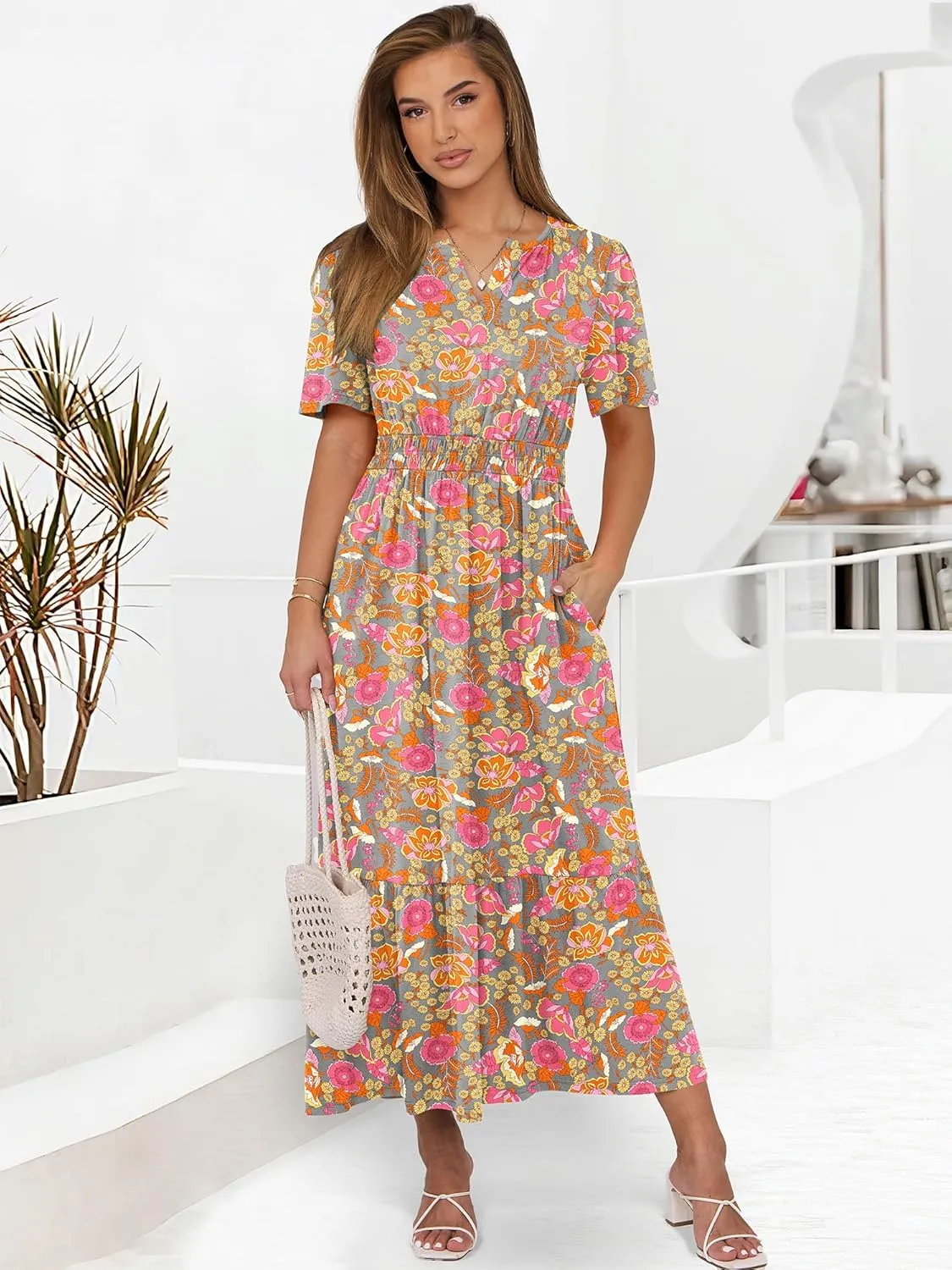 ANRABESS Women's Summer Short Sleeve Maxi Dress 2025 Casual V Neck High Waist A-Line Flowy Loose Tiered Boho Long Dresses