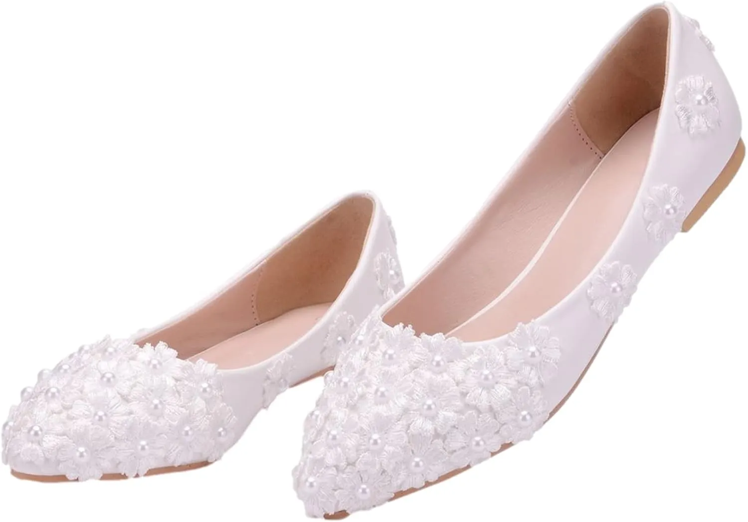 ANUFER Womens Elegant Pointed Toe Flower Lace Pearls Bridal Shoes Pumps Soft Sole Ballet Flats