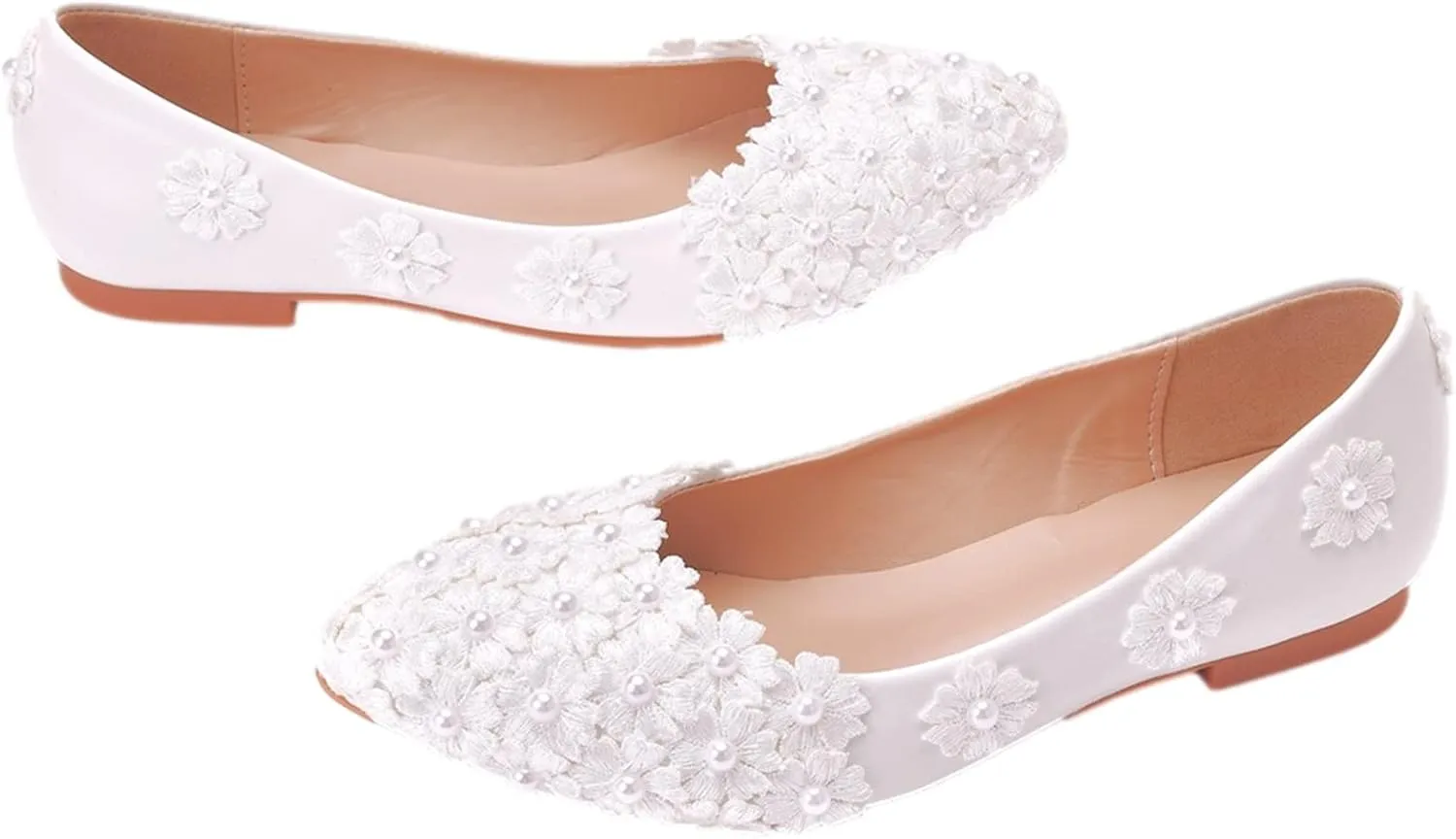 ANUFER Womens Elegant Pointed Toe Flower Lace Pearls Bridal Shoes Pumps Soft Sole Ballet Flats